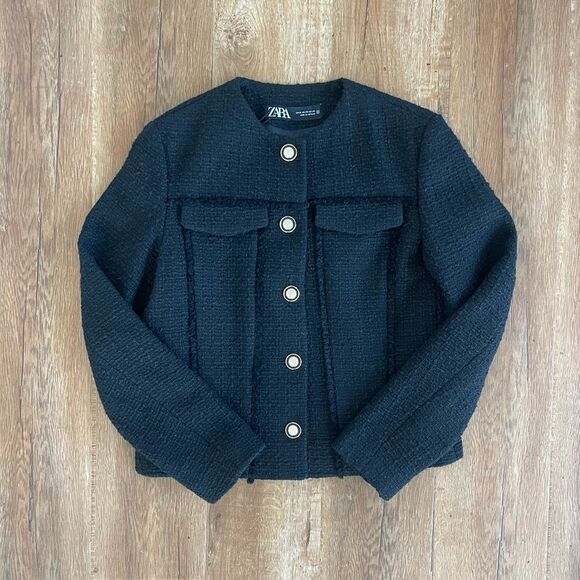 NWT Zara Structured Tweed Wool Blend Blazer Black Gold Buttons Size XS - Picture 3 of 10